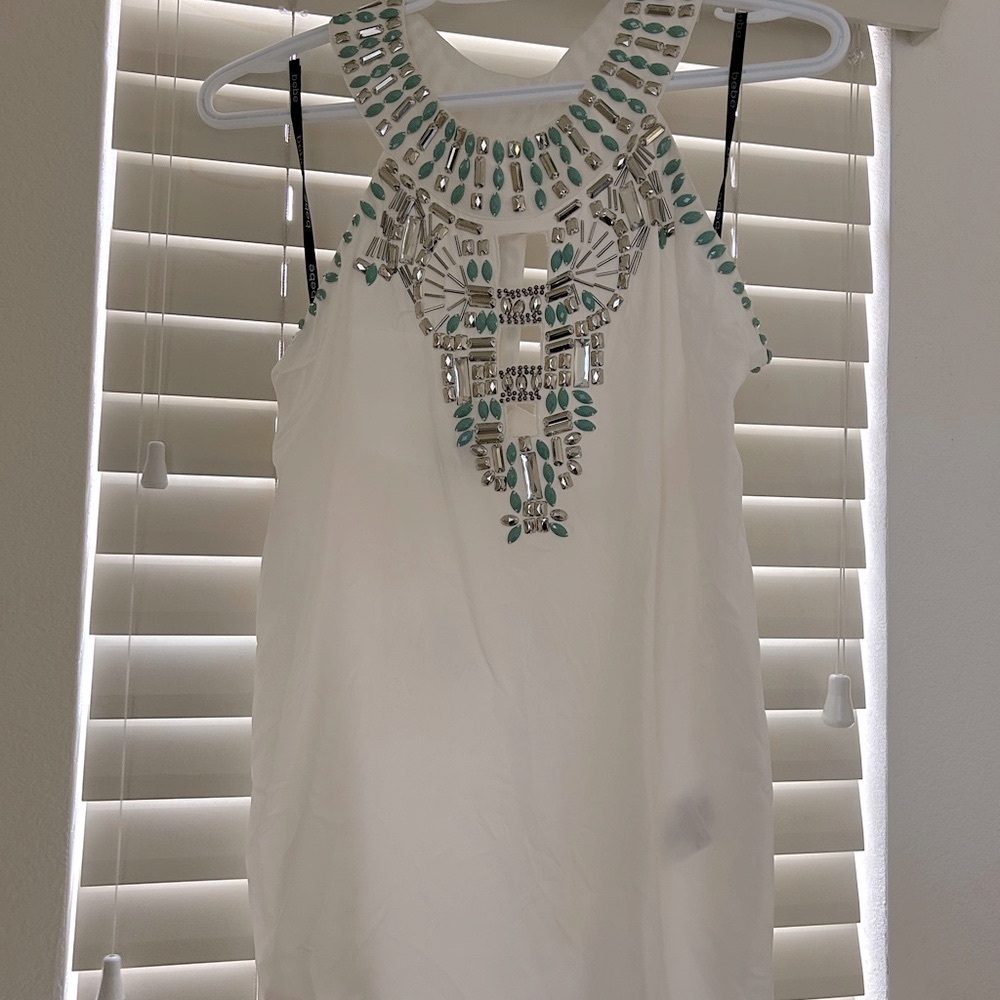 Bebe White Tunic with Silver Beading & Turquoise Embellishments